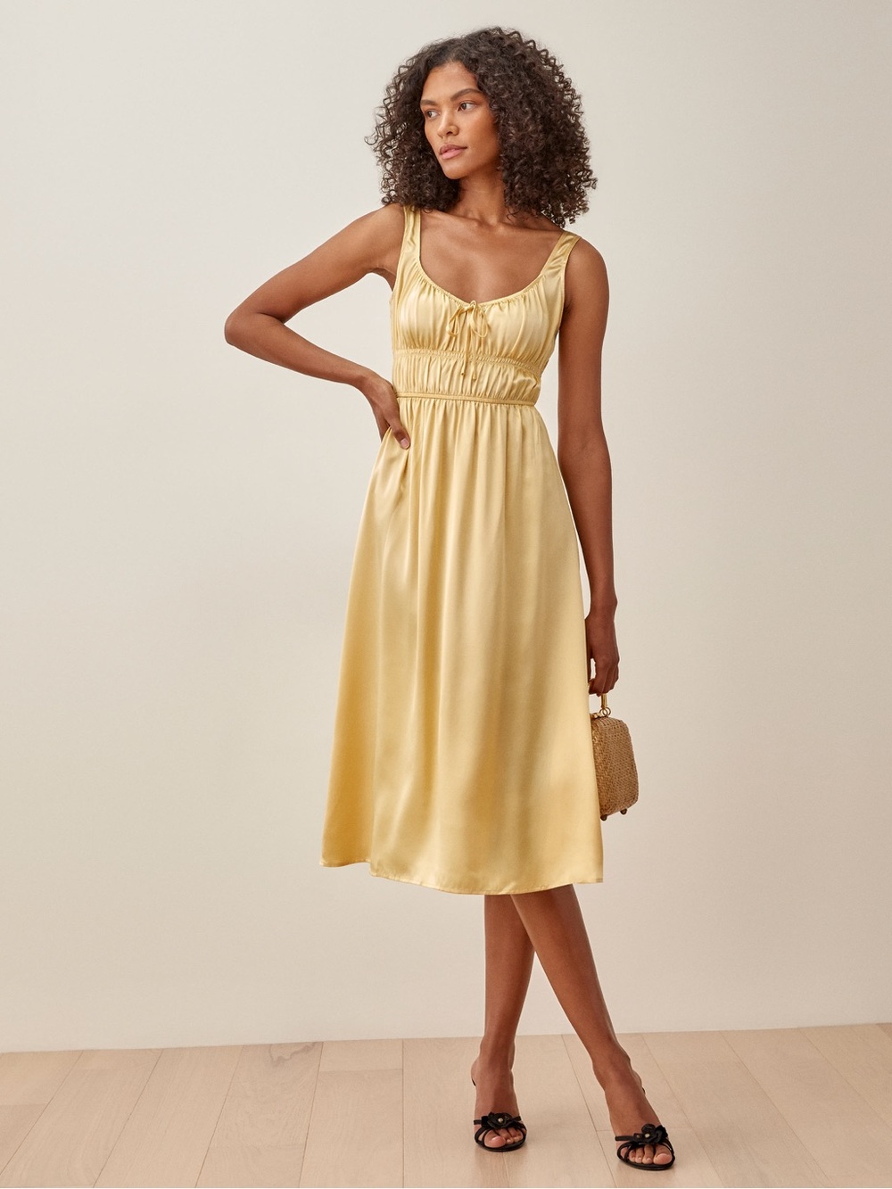 Reformation Colleen Silk Midi Dress in Lemon Yellow